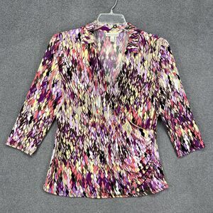 Dana Buchman Shirt Womens Large‎ Multicolor Surplice Ruched Stretch 3/4 Sleeve